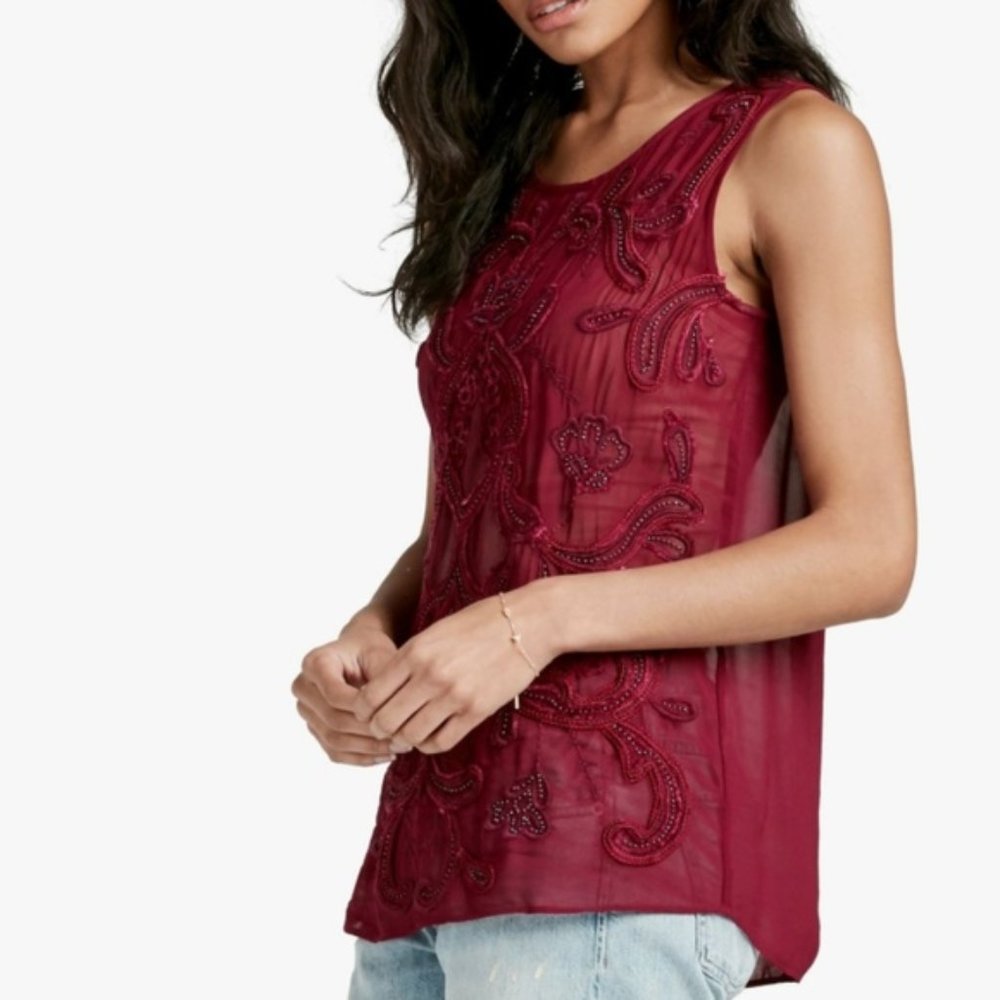 Lucky Brand Magenta Chiffon Beaded Top
